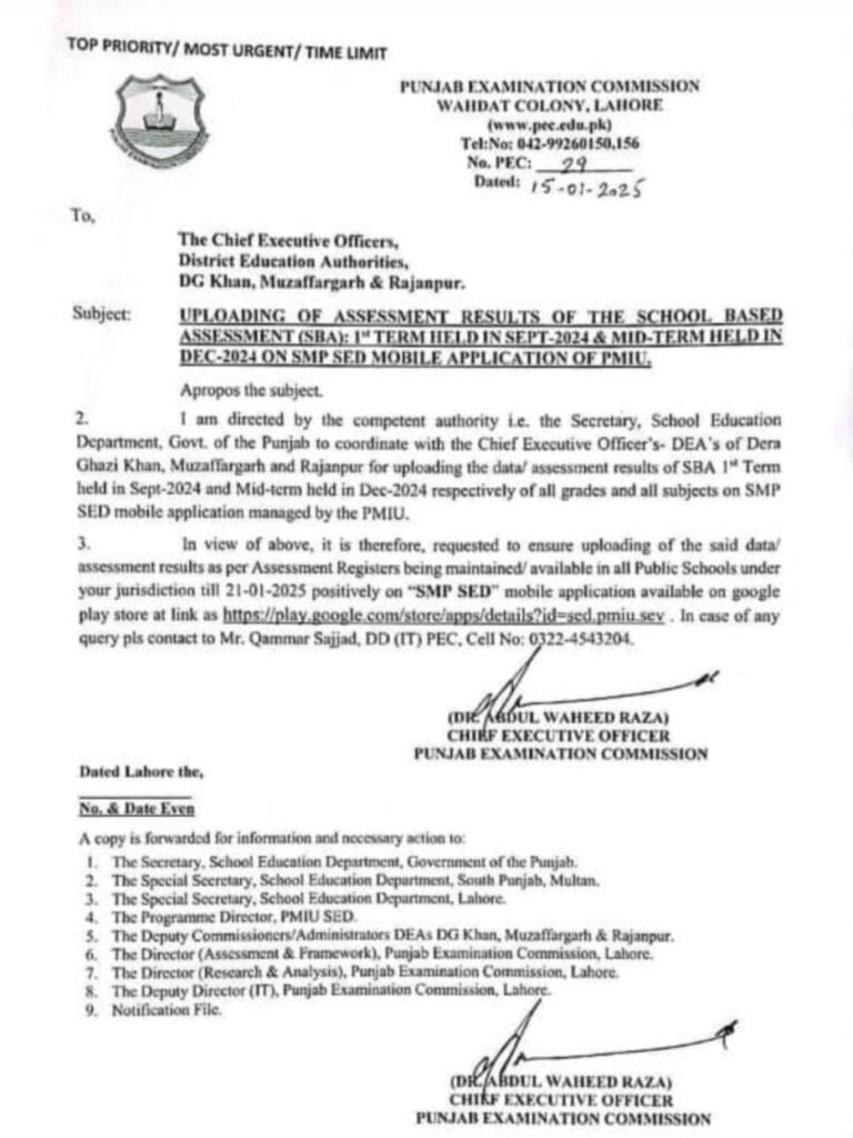 PEC SBA Result notification